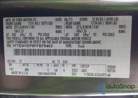 2015 Ford F-150 Xlt из США, поврежденный, VIN 1FTEW1EP9FFB75403